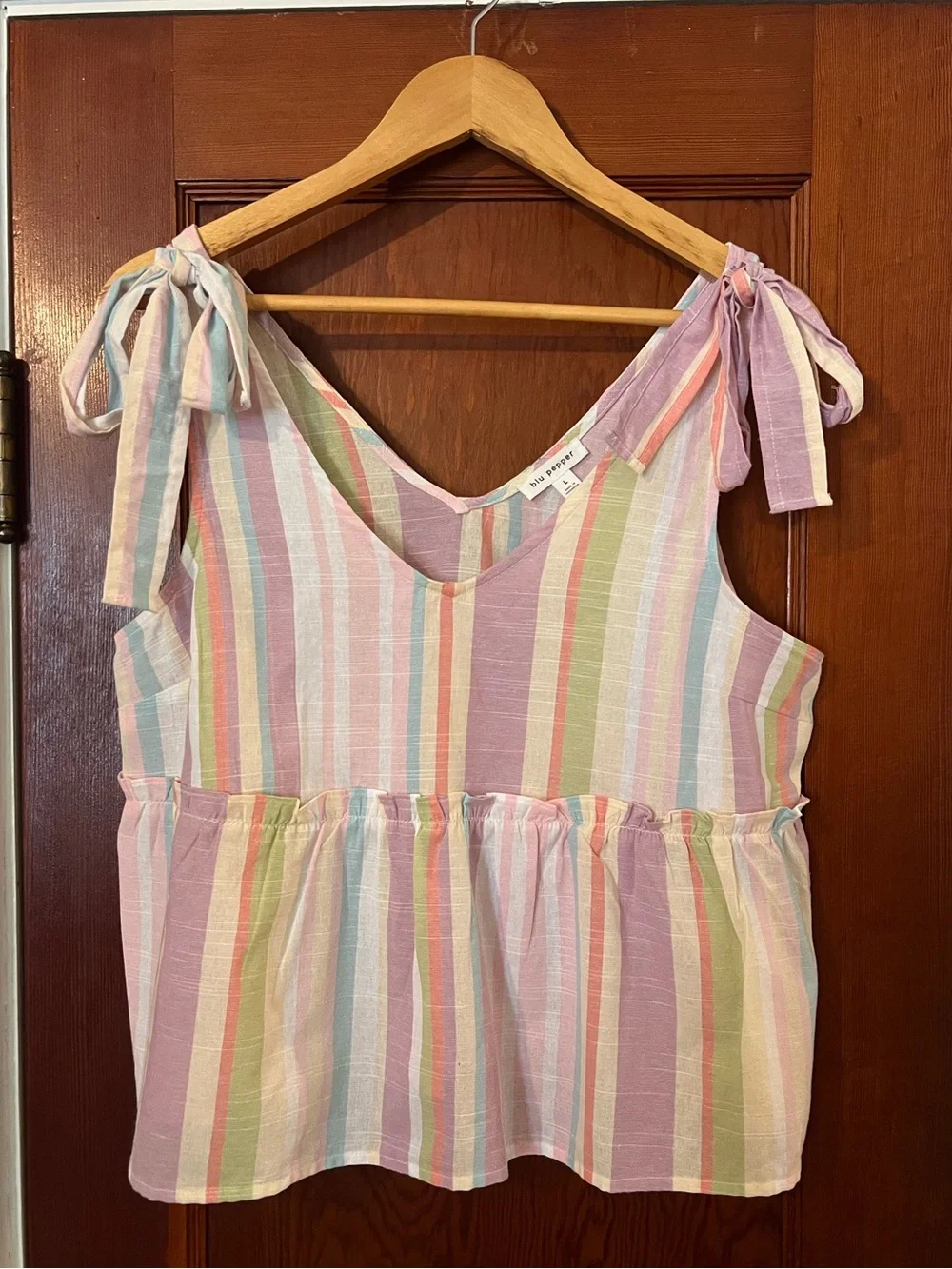 Blu Pepper Pastel Stripe Tie Shoulder Babydoll Boho Top Size Large - Picture 2 of 7